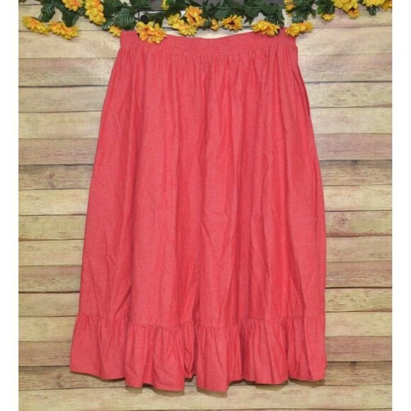 Vintage Ladies 14 L Red Denim Maxi Skirt Elastic Waist Modest Western Prairie - Picture 7 of 11